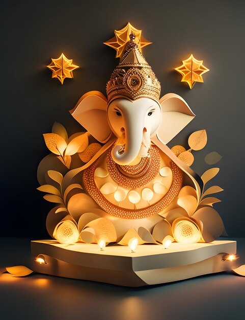 Ganesh auf einem Podium mit Lichtern Diwali Papierkunststil ai erzeugt Hintergrund