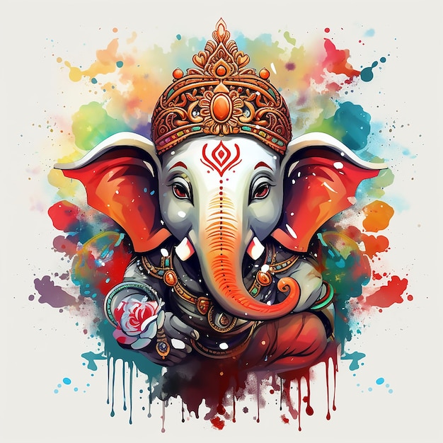 Ganesh Dios del elefante indio Una ilustración detallada en rojo con salpicaduras mágicas y vibraciones oscuras