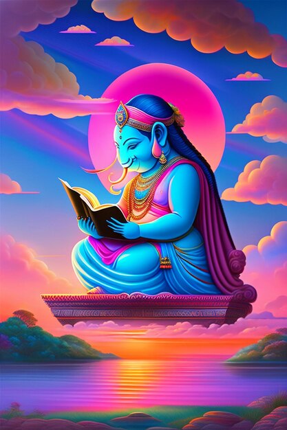 Foto ganesh friedlich ramayana lesen unter einem rosa und blauen sonnenaufgang himmel ganesh chaturthi