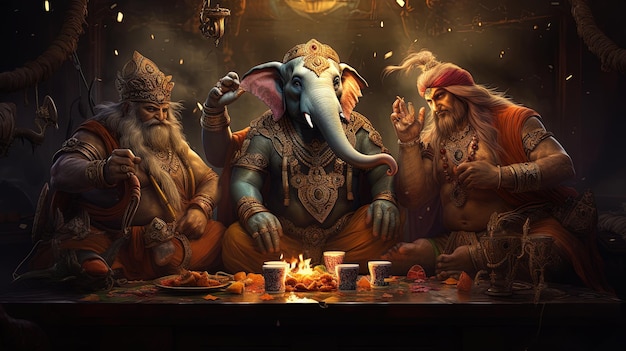 Ganesh und andere Götter sitzen am Tisch und essen und trinken