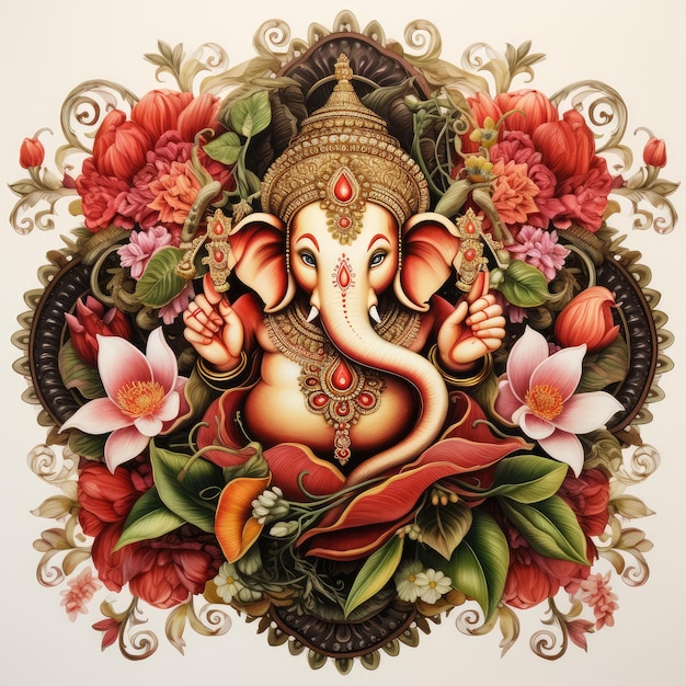 Ganesha con adorno floral sobre fondo blanco.