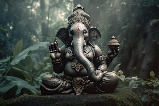 Ganesha Ganapati-Porträt im Regenwald, Nahaufnahme Der Gott der Weisheit und des Wohlstands mit dem Kopf eines Elefanten