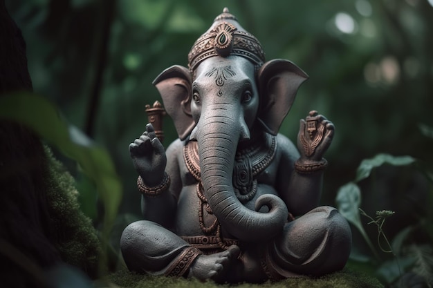 Ganesha Ganapati-Porträt im Regenwald, Nahaufnahme Der Gott der Weisheit und des Wohlstands mit dem Kopf eines Elefanten