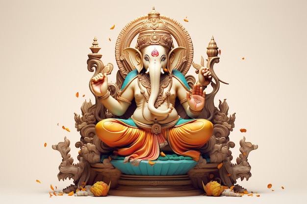 Ganesha Hindu-Gott mit Blumen-Ölgemälde in den Himmel aufgenommen, sitzend vor Bokeh-Mandala-Hintergrund