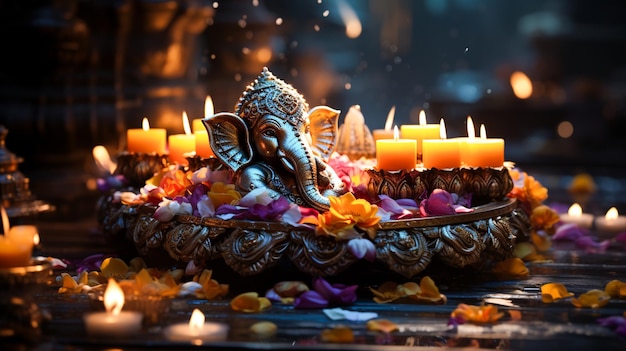 Ganesha-Lotusblumen und DiyasDiwali-Öllampen