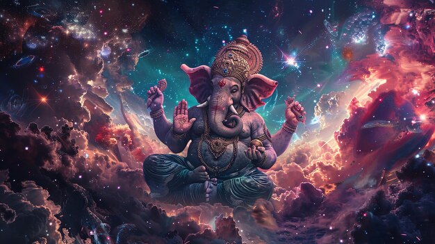 Ganesha rodeado de elementos cósmicos ar 169 v 6 ID de trabajo 6fdc8dc128454c3f9c75390ea6a31ba2
