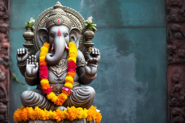 Foto ganesha sentado en la postura de meditación de yoga frente al templo hindú decorado para el festival religioso por flores de naranja guirnaldas ceremoniales ofreciendo antecedentes de viajes balineses