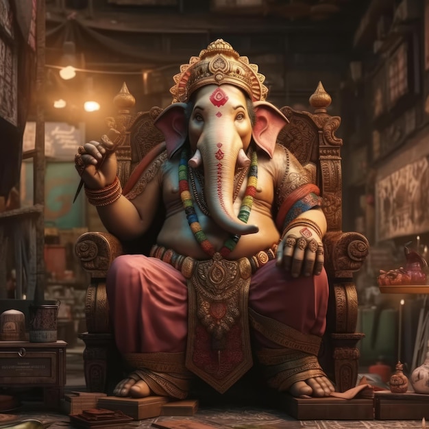 Ganesha sentado en el trono IA generativa de imagen 3d