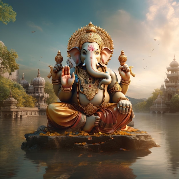 Ganesha-Skulptur auf einem Fluss mit Tempel und Himmel im Hintergrund