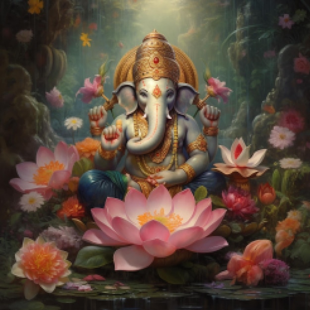 Ganesha y su cabeza de elefante con el telón de fondo de lotos