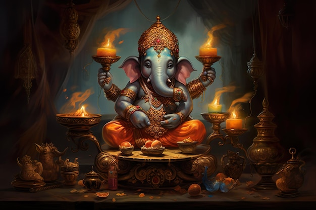 Ganesha unter Öllampen für den traditionellen indischen Feiertag Generative KI