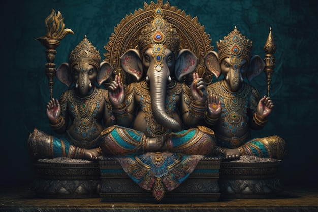 los ganeshas se muestran en su pose sentada con las manos chapadas en oro y los brazos hermosos con IA generativa AIG32