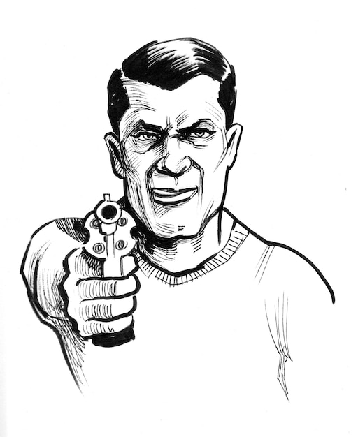 Gangster apuntándote con un arma. Dibujo a tinta en blanco y negro