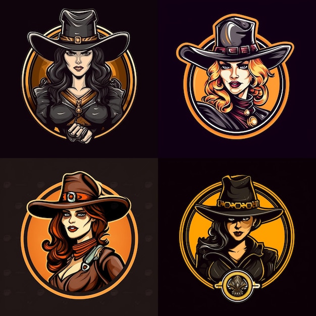 Gángster femenino Steampunk con sombrero de vaquero y logotipo de mascota de pistola 9