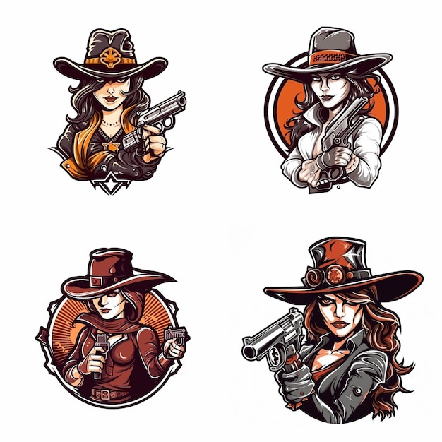 Gângster feminino steampunk com chapéu de cowboy e logotipo de mascote de arma 8