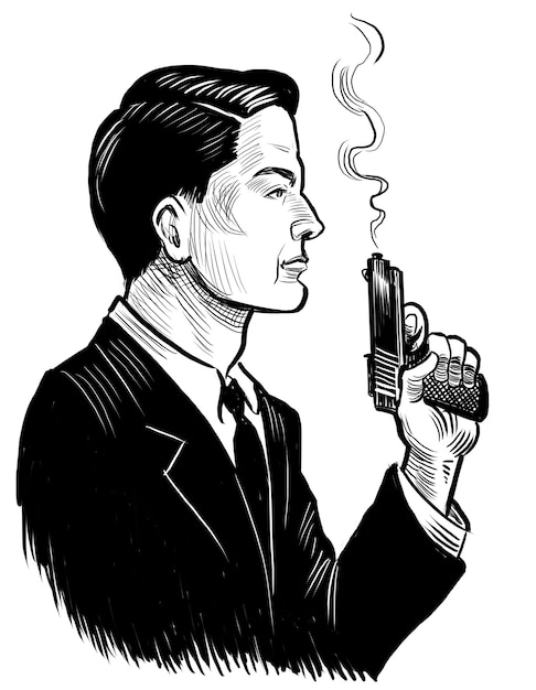 Gangster con una pistola humeante Ilustración en blanco y negro dibujada a mano