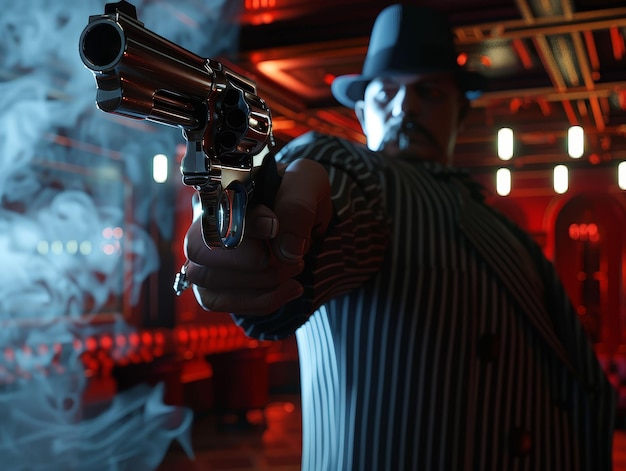 Gangster traje de rayas que sostiene un revólver vintage en un club nocturno noir lleno de humo 3D Render silueta iluminación aberración cromática punto de vista disparado