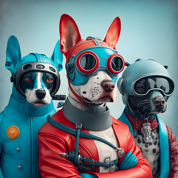 Gangue de motociclistas de cães vestidos com macacões de látex retrô vermelho e azul
