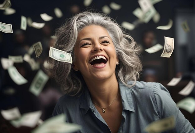 Foto ganhando um conceito de loteria mulher sorridente cabelo grisalho expressão feliz boca aberta de emoção dinheiro