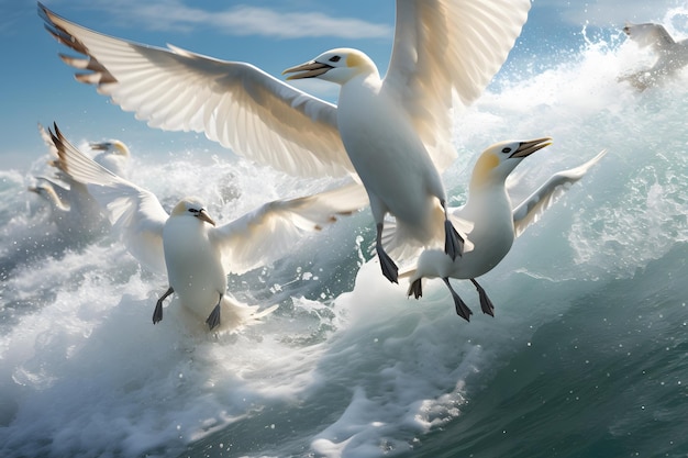 Gannets mergulhando em busca de peixes