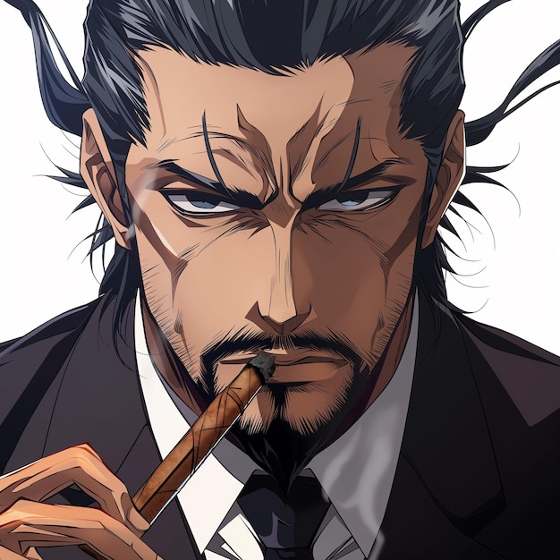 Gansgter fumando um charuto com fundo branco estilo anime