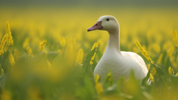Un ganso blanco se sienta en un campo de flores.