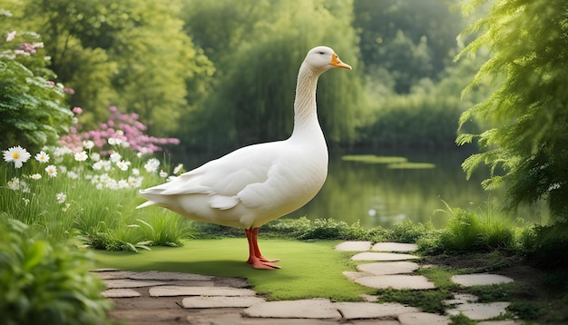 un ganso está de pie en un jardín junto a un estanque