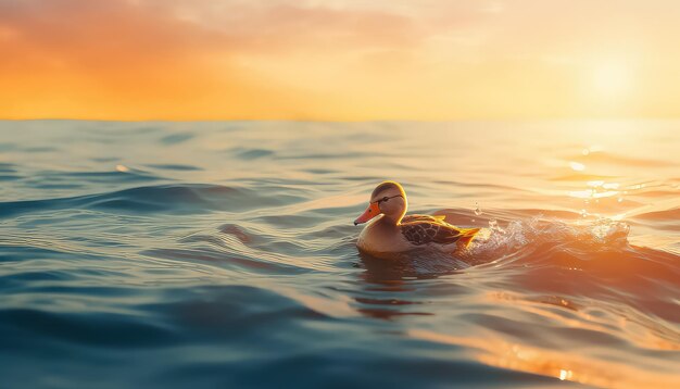 Ganso en el río al atardecer