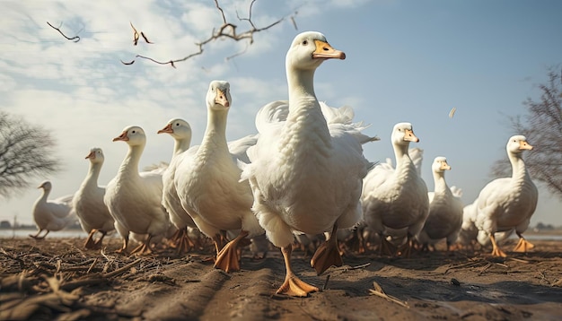 Foto gansos brancos caminham em um campo vazio com árvore no estilo de poses exageradas