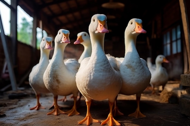 Gansos en el establo en una animada granja de gansos que retrata la actividad y el encanto de la granja de aves rurales