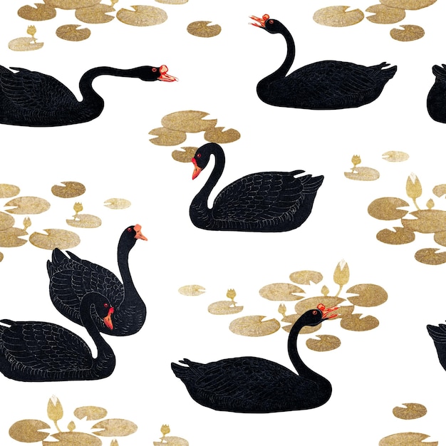 Gansos pretos com ilustração de fundo com padrões sem costura de lótus dourado