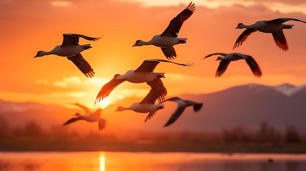 Gansos voam sobre um lago ao pôr do sol