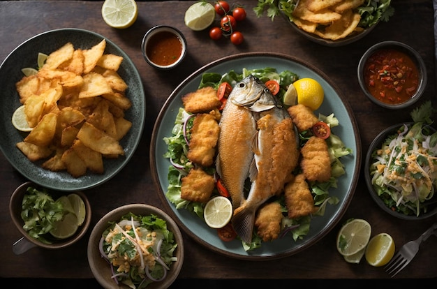 Foto ganz gebratener fisch mit salat