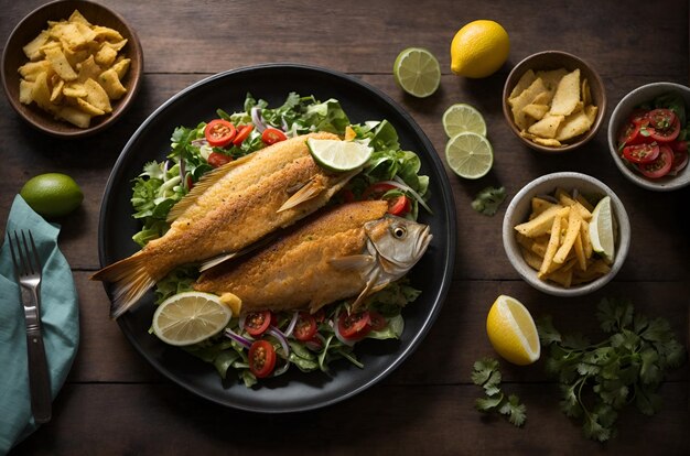 Foto ganz gebratener fisch mit salat