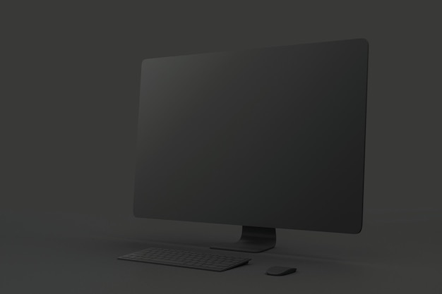 Ganz schwarzes Minimalkonzept mit leerem schwarzen Einzelmaterial-Computerbildschirm auf abstraktem dunklem Hintergrund
