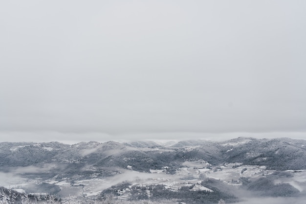 Foto ganz weiße landschaft bedeckt von schnee und nebel in norditalien.