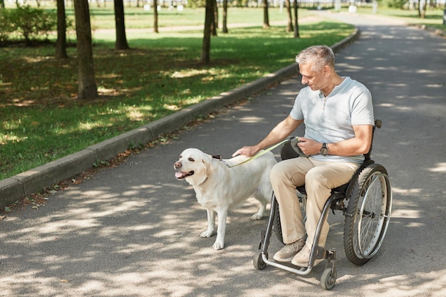 Ganzaufnahme eines erwachsenen Mannes im Rollstuhl mit Hund im Park im Freien, Kopierraum