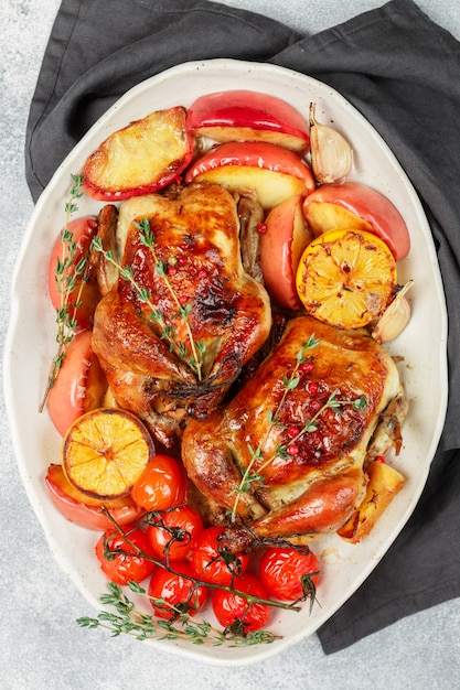 Ganze Hühnchen mit Äpfeln, Zitrone, Knoblauch, Thymian, Tomaten und Gewürzen überbacken