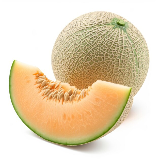 Ganze Melone mit einem ausgeschnittenen frischen Keil auf weißem Hintergrund