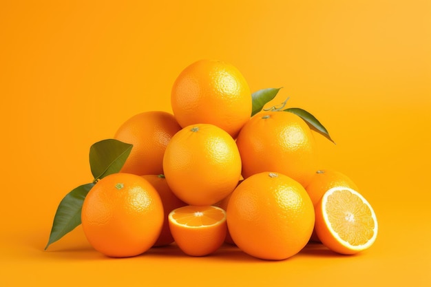 Ganze orangefarbene Früchte und Scheiben isolierter Hintergrund in oranger Farbe