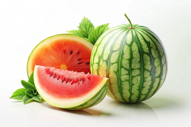 Ganze und geschnittene Wassermelone, eine Hauptfrucht auf weißem Hintergrund