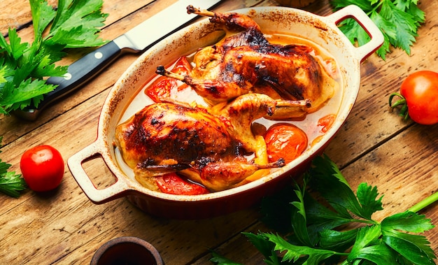 Ganze Wachteln in Tomatensauce gebacken. Leckere gebratene Wachteln