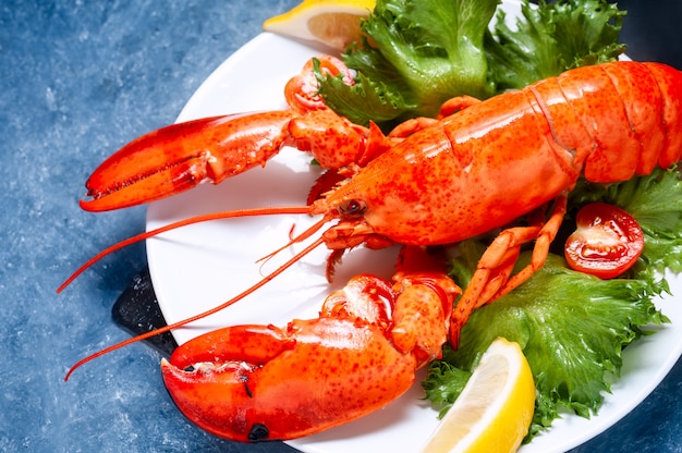 Foto ganzer roter hummer mit tomate und zitronenscheiben auf weißer platte