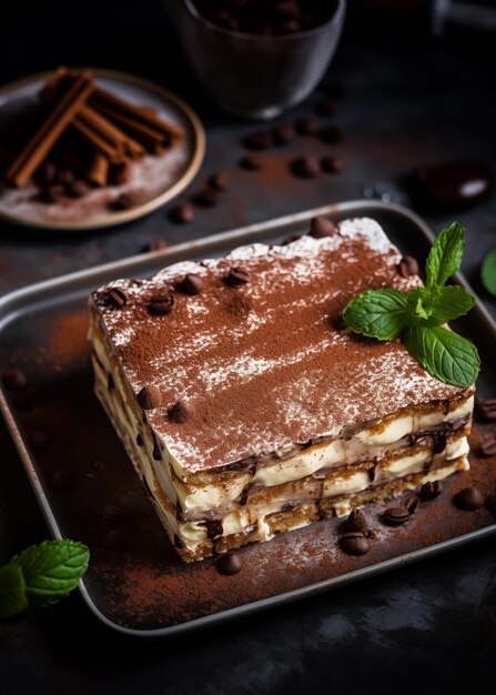 Foto ganzer tiramisu-kuchen in einem tablett auf dem dunklen holztisch