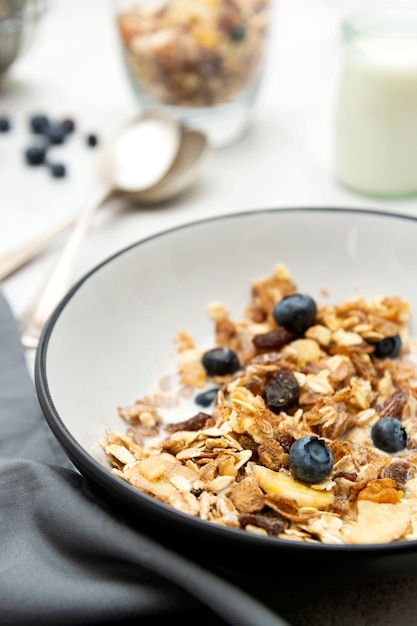 Ganzes Haferfrühstück, Müsli mit getrockneten Früchten und Blaubeeren, Milch und Honig. Gesundes Essen, sauberes Essen.