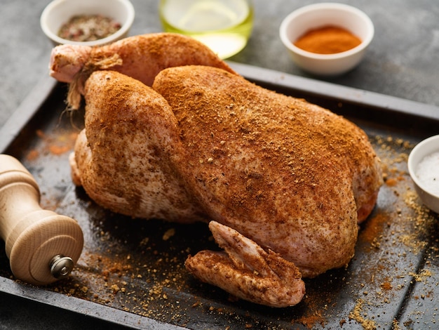 Ganzes rohes Huhn in Gewürzen auf einem Backblech Huhn zum Grillen zubereitet