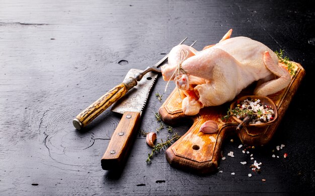 Ganzes rohes Huhn mit Kräutern und Gewürzen