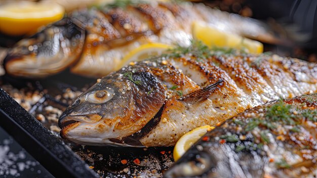 Ganzfisch frittiert auf einer Grill-Ölpfanne Banner-Hintergrunddesign