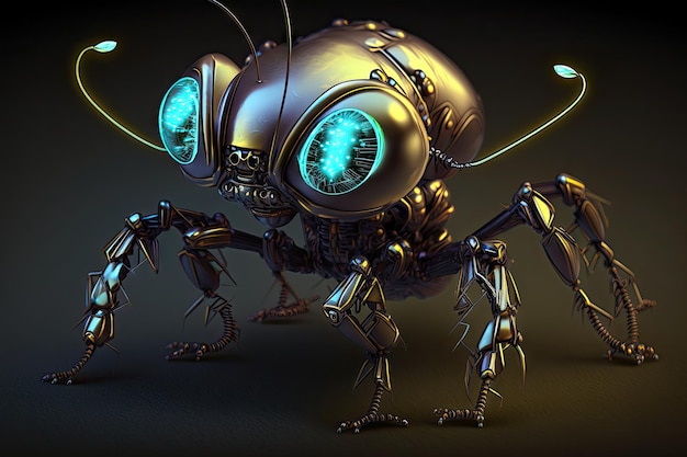 Ganzkörper-Cuty-Ameisen-Roboter-Szene, epische kleine leuchtende Augen, Neo
