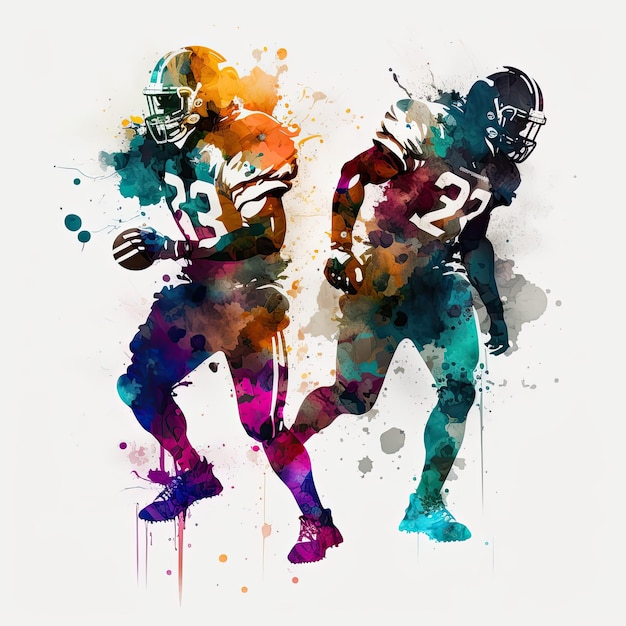 Foto ganzkörperaufnahme, flacher farbhintergrund, abstrakt, 2 american-football-spieler, aquarell, lebendig